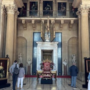 Blenheim Palace front entry has Queen Anne's Throne displayed