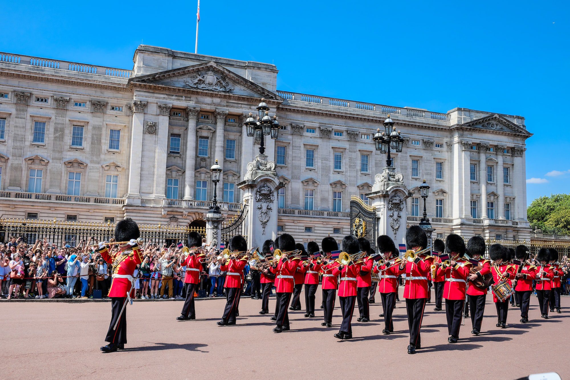 British Royal Guards and The Military Band perform at Buckingham Palace, London