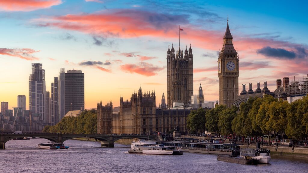 Historic Landmark, Big Ben, at Palace of Westminster. Cloudy Sunset Sky