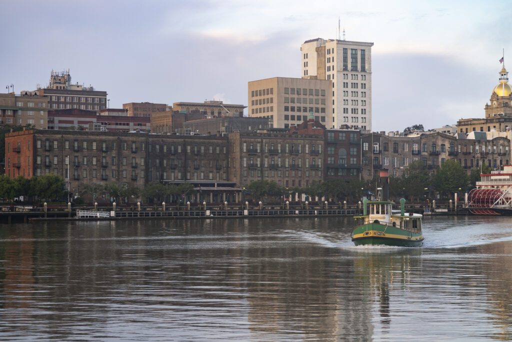 An Empty Ferry Boat Moves on Schedule Crossing the River in Savannah