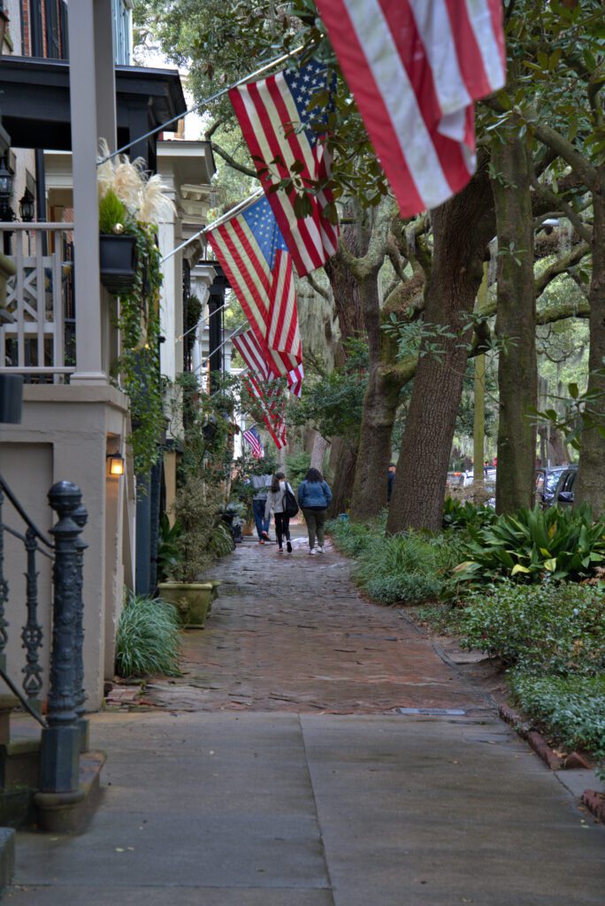 Beautiful sidewalk of flags and people walking in the distance