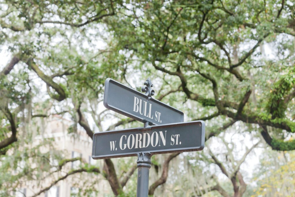 Street name signs Historic District Savannah GA US