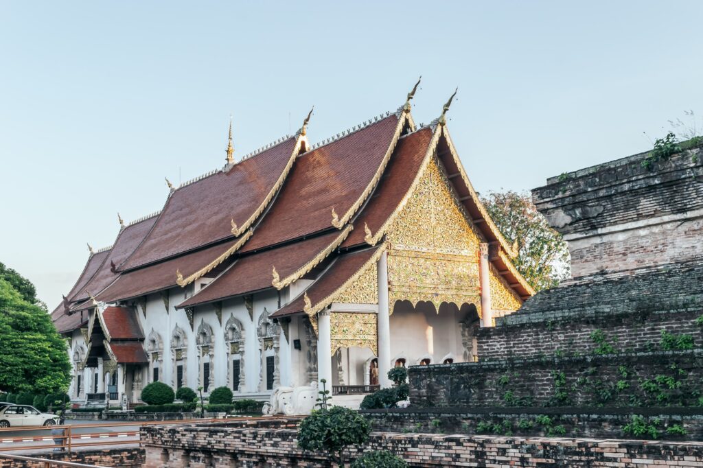 View of the building at Wat Chedi Luang Temple, historical Buddhist temple in Chiang Mai, Thailand